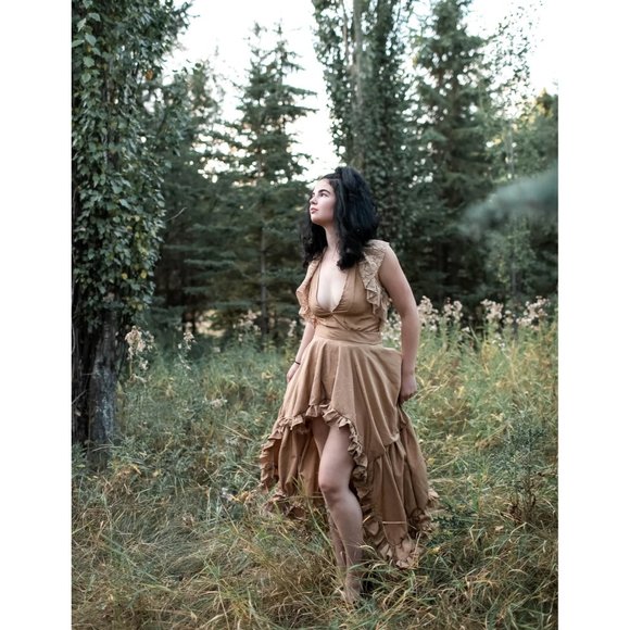 Vintage Women's Tan Victorian Boho Style Handmade Layered Ruffle Dress New - Picture 8 of 11